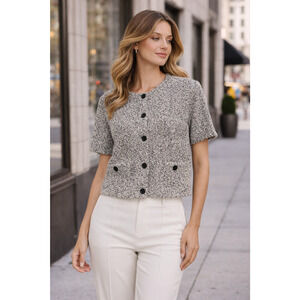 Tory Burch XL Black White Cotton Blend Tweed Short Sleeve Button Front Cardigan